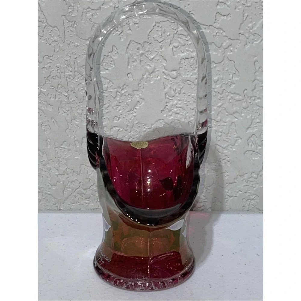 VTG Westmoreland Cranberry Pink Red Glass Basket 7